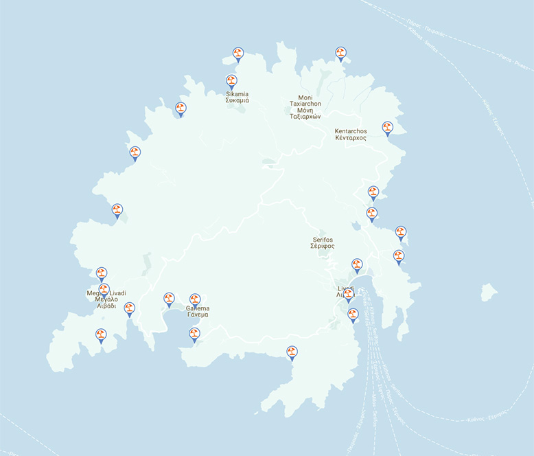 The beaches of Serifos on the map