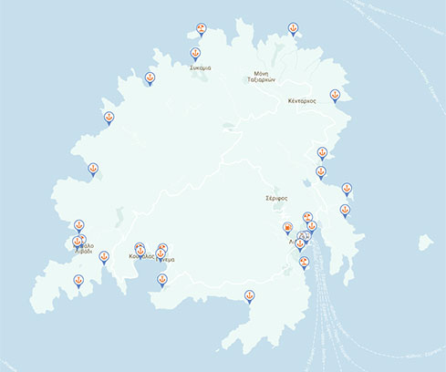 Map with the moorings and the beaches of Serifos